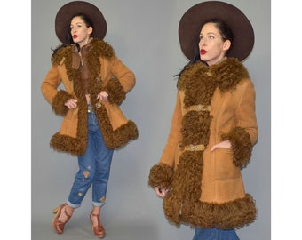 Vintage Tibetan Mongolian Lamb Fur Shearling Sheep Buffalo Leather 70s Hippie Princess Pea Coat Jacket Belted Buckle Shabby Penny Lane-Style