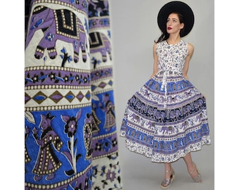 Caftán de gasa de algodón indio vintage, estilo gitano, para festivales de verano, túnica trapecio acampanada con estampado tribal de elefante mitológico, vestido de gala estilo años 70, bohemio, talla L/XL