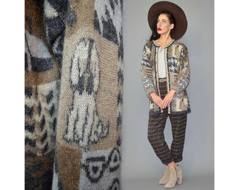 Vintage Fuzzy Mohair Wool Cozy Oriental Graphic Checkerboard Animal Novelty Graphic Shaggy Jumper Long Sweater Knitted Coat Cardigan Granny