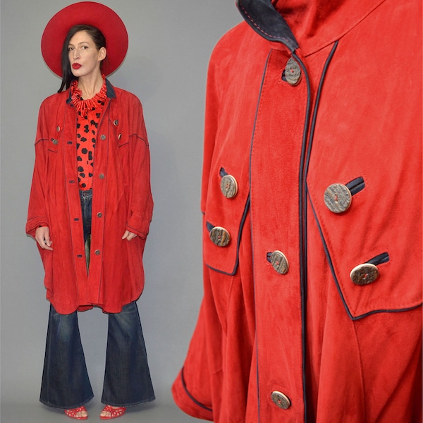 Vintage ITALY Leather Grown-up RED Riding "Hood" Flared Cloak Box Coat Tent Trapeze Layering Suede Hornet Studded Garb Folklore Poncho Cape