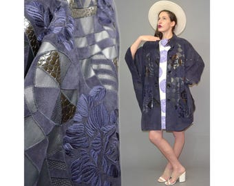 Vintage BENETO Suede Patent Leather Patchwork Embroidered Blanket Festival Poncho Layering Cowl Cape Coat Oversize Avantgarde