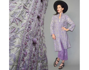 Vintage Asian Victorian Empress Lavender Wild Silk Pearl Embellished Embroidered Frock Coat Duster A-Line Jacket Asian Kimono Gown Festival