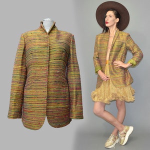 Vintage GIGLI Italy Cavalier Metallic Golden Tapestry Bronze Festive Evening Jacket Tails Frock Coat Striped Business Suit Blazer 90s Silk M