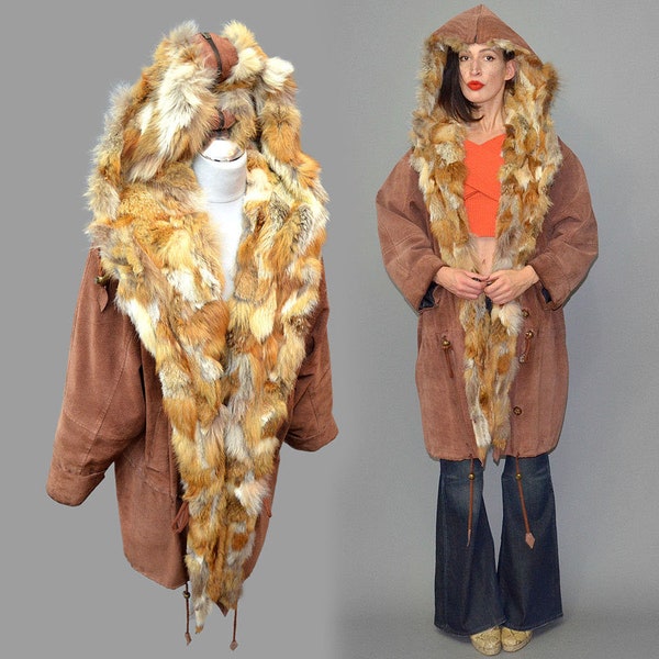 Vintage Echtes Wildleder Teilbare Pelz Gefüttert Mit Kapuze Parka Anorak Jacke Wintermantel Tan Camel Rotfuchs Patchwork Wasserfall Gugel Oversize XL