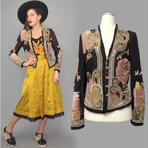 Vintage Ella Singh Mandarin Empress Baroque Opulent Wire Thread Metallic Pearl Beaded Trophy Jacket Blouse Shirt Evening Gown Silk Sheer M