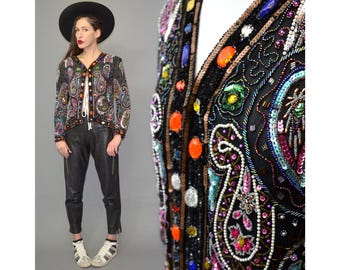 Vintage PAISLEY Bejeweled Hand Embroidered Rhinestone Pearl Sequin Embellished Trophy Cropped Jacket Overstatement Silk Festival Shrug 80s M
