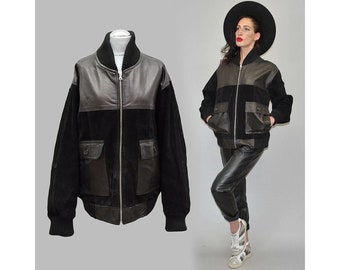 vintage Bomber Avaitor Flight Pilot Jacket Suède + Cuir brillant Patchwork Sportif Chunky Tricoté Manchette Métallique Encombrant Zip Blouson Italie S