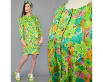 Vintage Antonini Neon Avocado Millefleurs Poppy Floral Italian Summer Shift Secretary Dress Wrap Tie Waterfall Cowl Collar Silk Scarf Vest M