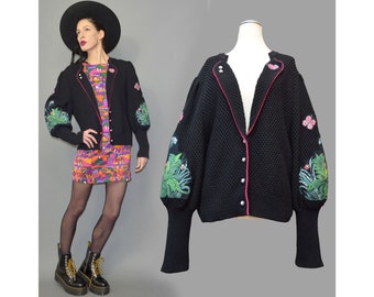 Vintage Hand-Painted Patches Embroidered Folklore Garb Ethnic Sweater Cardigan Knitted Jacket Chunky Slouch Oversize Appliqué 80s Silk Pulli