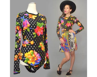 Vintage Gianni Versace 90s Body Spandex Silk Psychedelic Foulard Print Neon Rave Top Shirt Blouse Tunic Romper Italy Designer Festival M/L