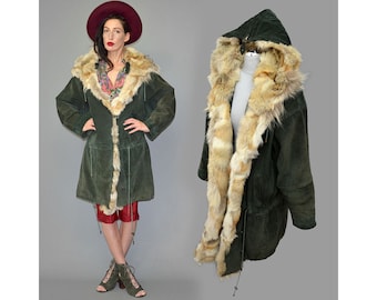 Vintage Shaggy Red Fox Fur Trimmed Lapel & Lined Hooded Parka Anorak Winter Coat Oversize Army Military Divisible Hood Leather Jacket 80s XL