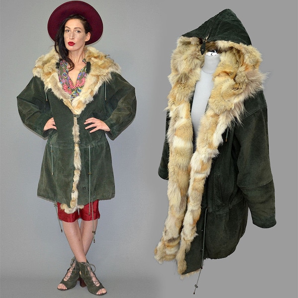 Vintage Shaggy Red Fox Fur Trimmed Lapel & Lined Hooded Parka Anorak Winter Coat Oversize Army Military Divisible Hood Leather Jacket 80s XL