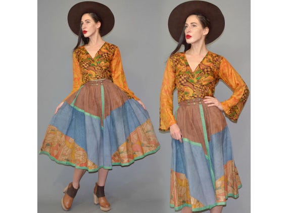 Vintage LEATHER Patchwork Circle Line Dance Flare… - image 1