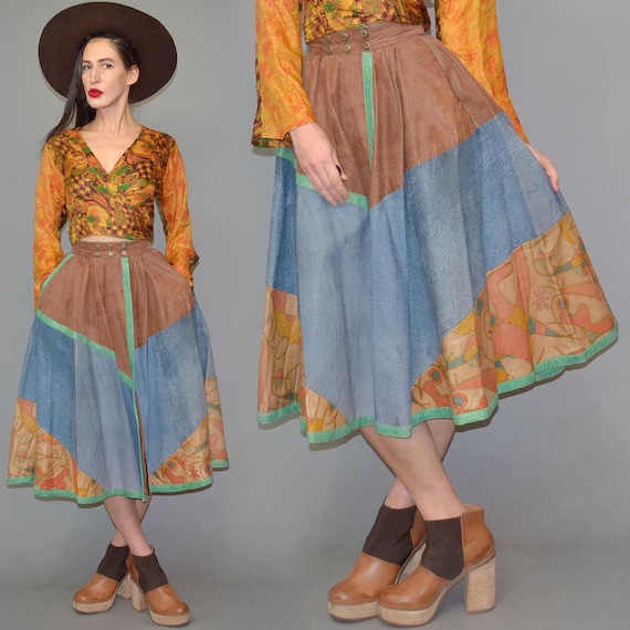 Vintage LEATHER Patchwork Circle Line Dance Flare… - image 6