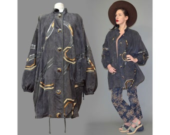 Vintage ZASPEL Goat Suede Leather Geometric Patchwork Art Deco Metallic Balloon Draped Cape Jacket Anorak Parka Blanket Rave Ethnic Oversize