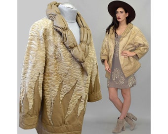 Vintage Camel Colored Curly Persian Swakara Lamb Fur Leather Inlaid Patchwork Cocoon Bomber Jacket Sculptural Cape Balloon Draped Anorak 80s