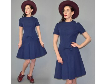 Vintage CHIWITT Virgin Wool Mod Stewardess Mini Dress Twiggy Audrey Hepcat Scooter Plated Navy Bow Tuxedo Flared A-Line Tunic 60s 1960s S/M