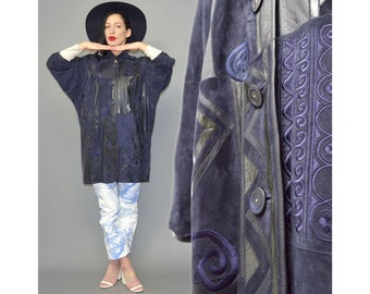 Vintage Suede Patchwork Ethnic Balloon Batwing Draped Oversize Cape Geometric Patent Leather Striped Oriental Embroidery Parka Anorak Jacket