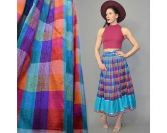 Vintage Tussah Wild Silk Checkered Rainbow Tartan Folklore Ethnic Bavarian Dirndl Midi Skirt Graphic Geometric Ribbon Embroidered Pleated XL