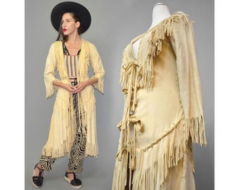 RESERVED for Julianna Vintage Native Couture Suede Fringe Leather Coat Duster Festival Gown Dress Tassel Western Navajo Braided Ibiza Habit