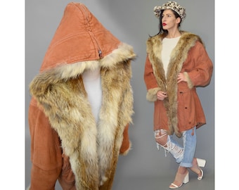 Vintage Divisible Hood Anorak Parka Real Fox Fur Embellished Winter Jacket Coat Slouch Leather 80s Oversize Shabby Patina Draped Blanket XXL