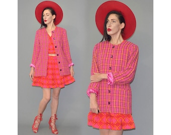 Vintage Escada Checkered Neon Orange & Pink Barbiecore Frock Coat Business Blazer Jacket Minimalist Designer Beaded Wool Cloth 90s Preppy M