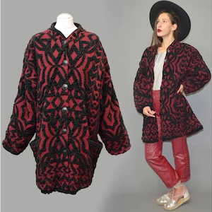 Cárdigan vintage de chenilla con estampado de coco, abrigo largo de terciopelo con efecto desgastado, abrigo gótico geométrico con tapiz, blazer holgado con cuello vuelto, corte oversize, forma de huevo, holgado, talla XL