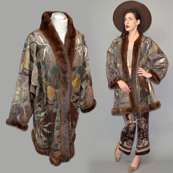 vintage Métallique Peint à la Main Cuir RÉVERSIBLE Art Patchwork Brodé Fourrure de Vison Sable Couverture Poncho Manteau Cape Veste Princesse Parka -XL