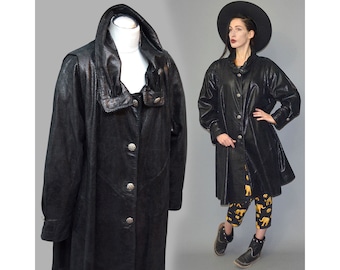 Vintage Black FOIL Laminated Effect Glossy Patent Leather Gothic Romance Swing Tent Trapeze Coat Cloak Cowl Habit Medival Cape Oversize XL