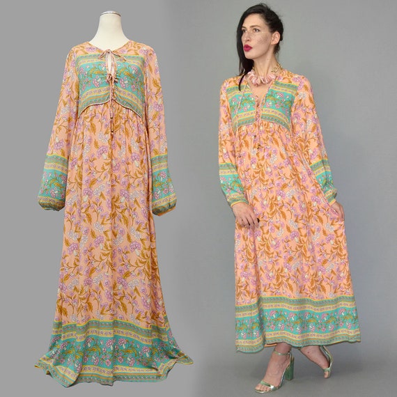 Vintage Indian Cotton Oriental Sari Caftan Flared… - image 7