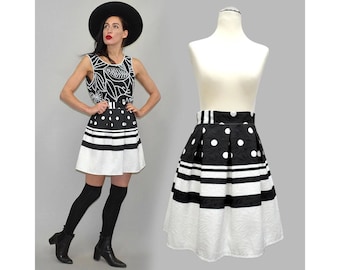 Vintage Hand-Made Pleated Circle Flared High Waist Skirt Graphic Rockabilly Mini Geometric Polka Dot Pinup Flirty Dance 50s 1950s Unique XS