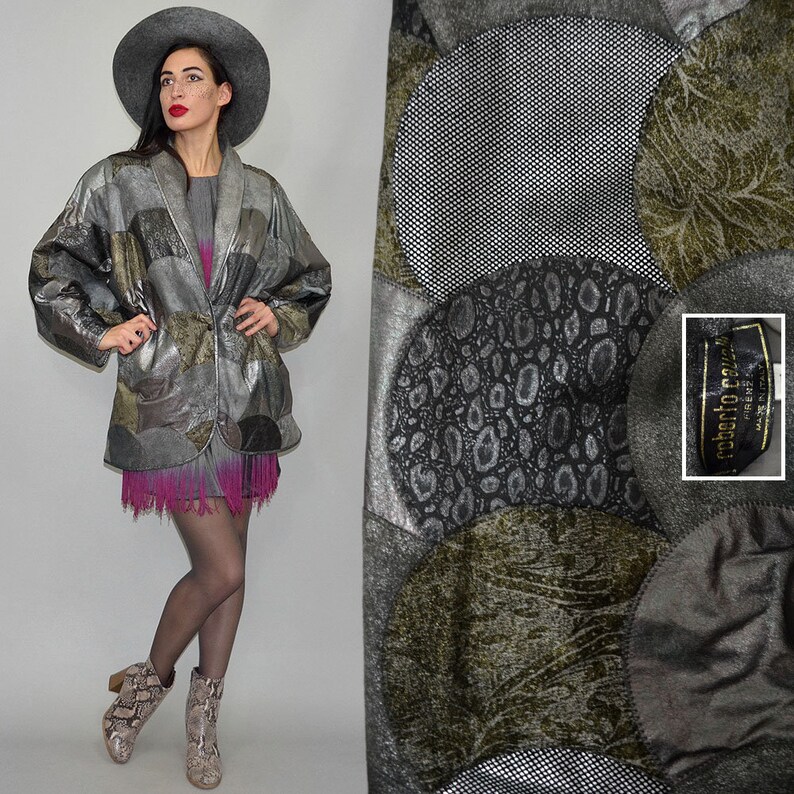 Vintage Roberto Cavalli Firenze Leather Fish Scale Patchwork Metallic Embroidery Leather Art Deco Geometric Ethnic Batwing Jacket Blazer 90s