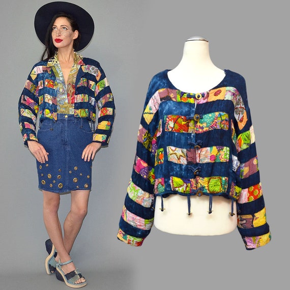 Vintage Buchholz Eco Hippie Folklore Eyelet Embellished Tassel Fringe Indian Goa Rayon Graphic Geometric Mending Ethnic Gypsy Jacket Cape L View 2