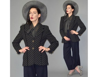 Vintage ESCADA Margaretha Ley scheerwol designer geklede jas sportjas visgraat lurex gaas blazer matroos logo embleem militair M 40