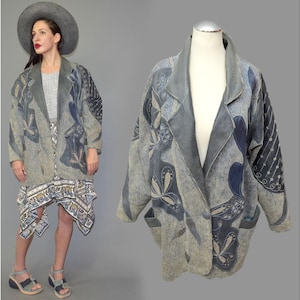 Vintage Leder Acid Denim Patchwork Bestickte Leinwand Soutache Spitze Band KUNST Abstrakt Fledermausflügel Kokon Oversize Blazer Jacke Cape