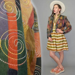 Vintage Mobiani Spiral Psychedelic Lurex Embroidered Ethnic Folklore Cropped Trophy Leather Patchwork Jacket Boho Biker 90s Suede Blazer M