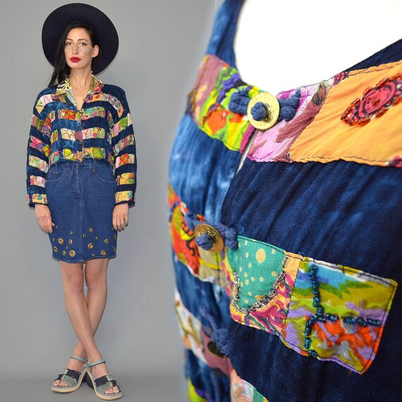 Vintage Buchholz Eco Hippie Folklore Eyelet Embellished Tassel Fringe Indian Goa Rayon Graphic Geometric Mending Ethnic Gypsy Jacket Cape L View 3