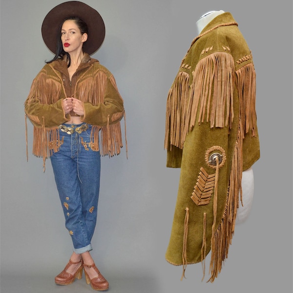 Vintage Stars & Stripes Concho Studded Western Fringe Angel Flapper Sturdy Leather Bolero Cape Jacket Native Navajo Braided Woven Shabby XXL