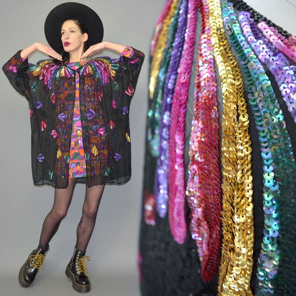 Vintage India Silk Chiffon Sheer Embroidered Rainbow Duster Beaded Encrusted Feather Embellishment Flapper Chasuble Draped Coat Mantle Cape