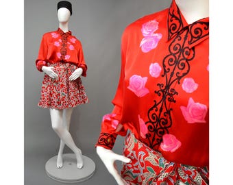 Vintage Authentic ESCADA Margaretha Ley Silk SATIN Photorealistic Floral Ornament Mandarin Blouse Tunic Boyfriend Business Shirt Jacket 90s