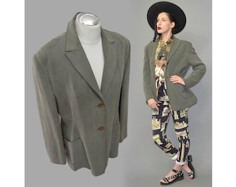 Vintage Strenesse Business Blazer Frock Coat Jacket Silk Wool Shimmering Power Sport's Suit 90s Grunge Lush Olive Army Green Minimalist L 42