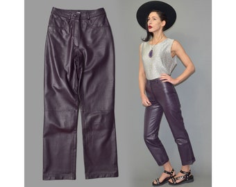 Vintage Eggplant Dyed Real Smooth Glossy Leather Straight Leg Drainpipe High Waist Skinny Trousers Pants Pocket Patches Embroidered Jeans XS