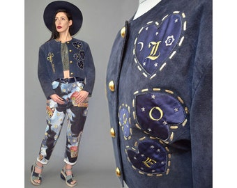 Vintage Miss Joy Pork Suede Cropped Leather Biker Jacket Studded LOVE Embroidered Cut-Out Fortune Symbol Trophy Cape Blouson Shrug 90s Gypsy