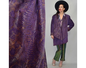 Vintage Metallic Iridescent Snake Reptile Printed Leather Shawl Cowl Draped Suede Leather Cape Waterfall Jacket Flaredd Tent Kimono Mallorca