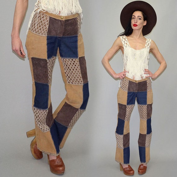 Vintage Real Leather Jeans Denim Mending Patchwork