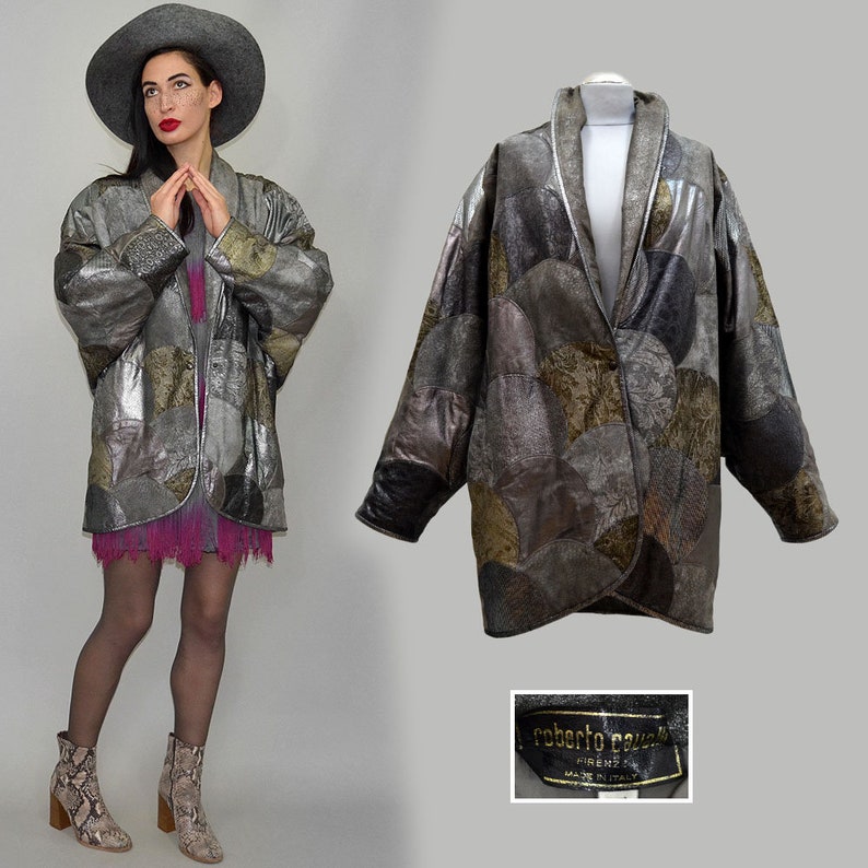 Vintage Roberto Cavalli Firenze Leather Fish Scale Patchwork Metallic Embroidery Leather Art Deco Geometric Ethnic Batwing Jacket Blazer 90s