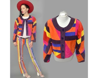 Vintage Kaleidoscope Geometric Color Blocking Patchwork Embroidered Graphic Cropped Biker Jacket Suede Leather Bolero Cape Matador Oversize