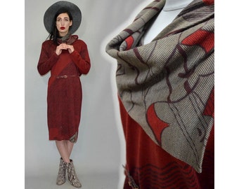 Vintage Fuzzy Wool Scarf Turtle Neck Abstract Print Secretary Shift Dress Graphic Draped Midi Empire Matching Belt Reptile Embossed 80s L