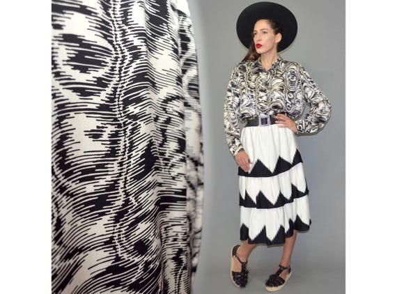 Vintage Escada Fingerprint Op Art Illusion Business Blouse Shirt Tunic Silk Satin Graphic Oversize Draped Jacket 90s L 40 Vein Water Ley