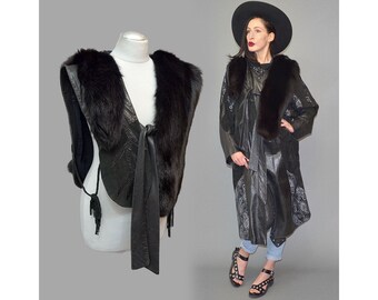 Vintage Ursula Sarlette Metallic BROCADE Embossed Leather Box Coat Parka Snake Embroidery Fox Fur Couture Vest Waistcoat Braided Cape Wrap L